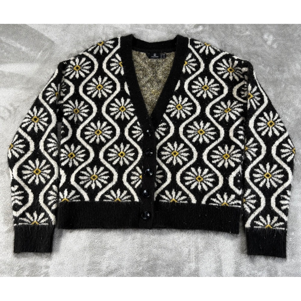 Volcom Cardigan Sweater Womens Small Black Daisy Floral Retro Knit V-Neck